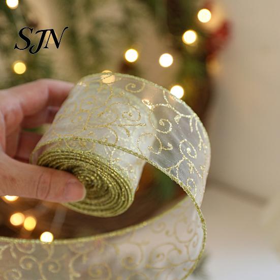 Festival Atmosphere Ribbon for Home Decor 2.5" x 2.2 Yards Gold Sheer Christmas Tree Decoration and Crisp Edge Wreath Making Gift Wrapping,
