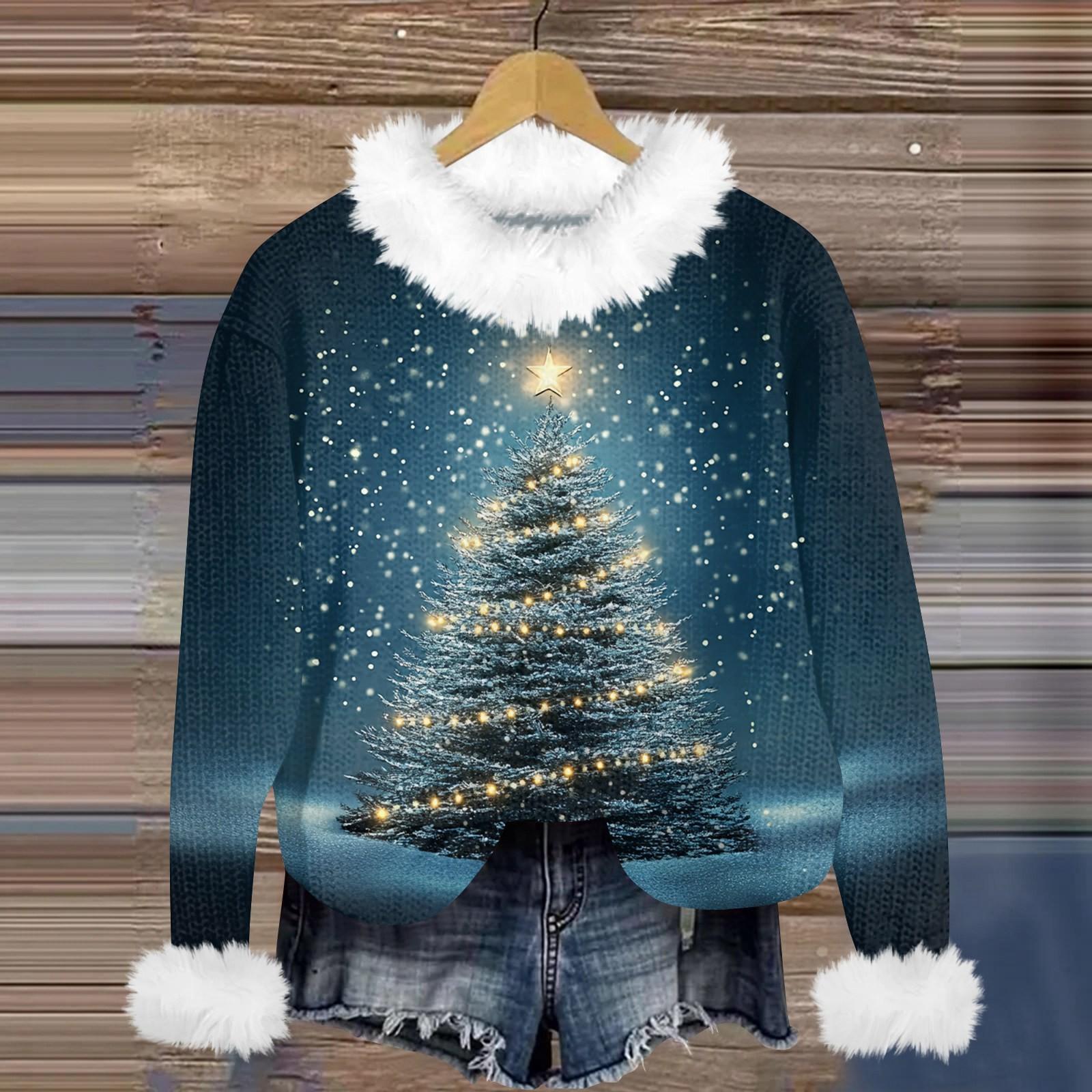 

Свитшоты для женщин Вязаный свитер Милая рубашка Осенний круглый вырез Пуловер с меховым воротником Топы L синий