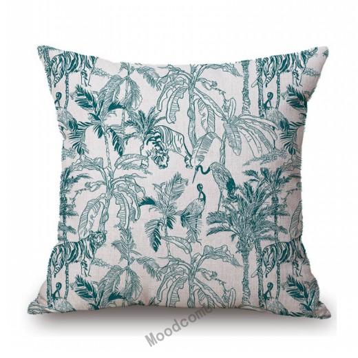 Toile De Jouy Jungle Animals Tiger Giraffe Tiger Crane Birds Navy Blue Greenish Pattern Decorative Pillow Case Car Cushion Cover