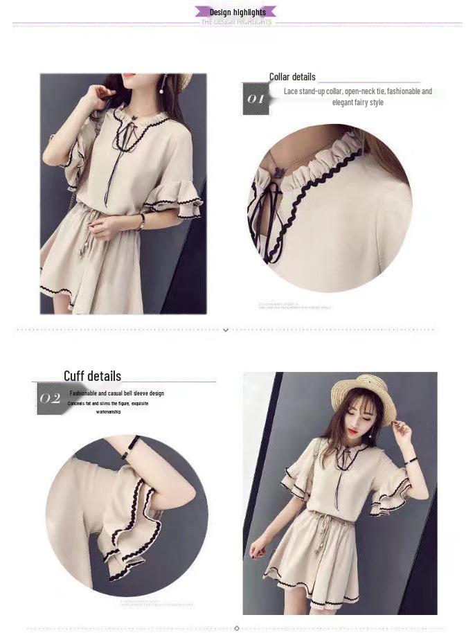 2024 Sommer Damen Koreanischer Hong Kong Stil Lässiges Oberteil mit Lotusärmeln & High Waist Weitbein-Shorts Set