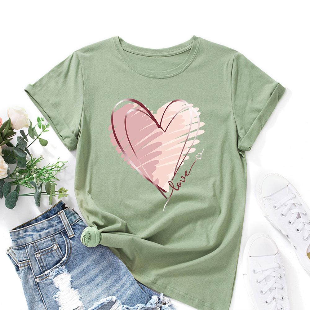 Módní bavlněné tričko s potiskem srdce, krátký rukáv, kulatý výstřih, dámské topy s 2D potiskem