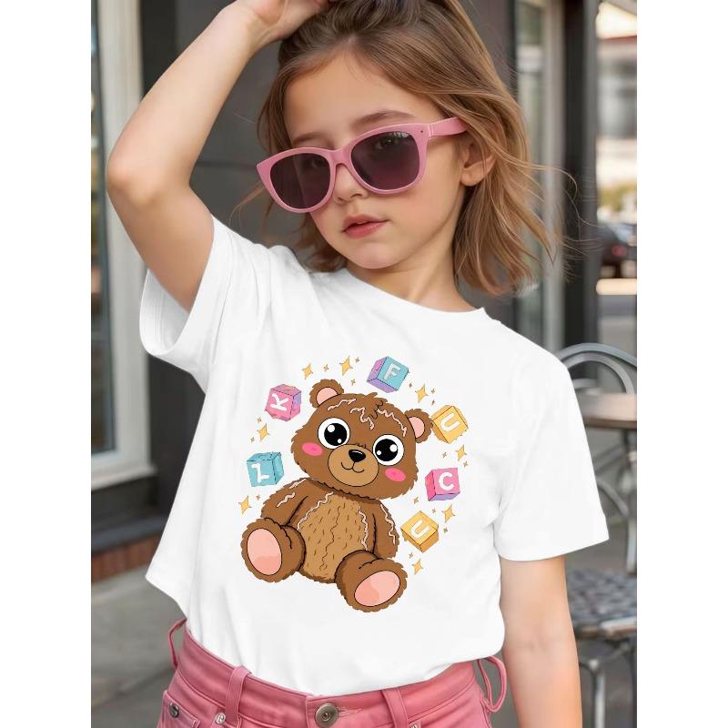 Girls Short Sleeve Crewneck T-Shirt, Cute Cartoon Bear With Colorful Letter Print Playful Casual Kids Tee 110 белый