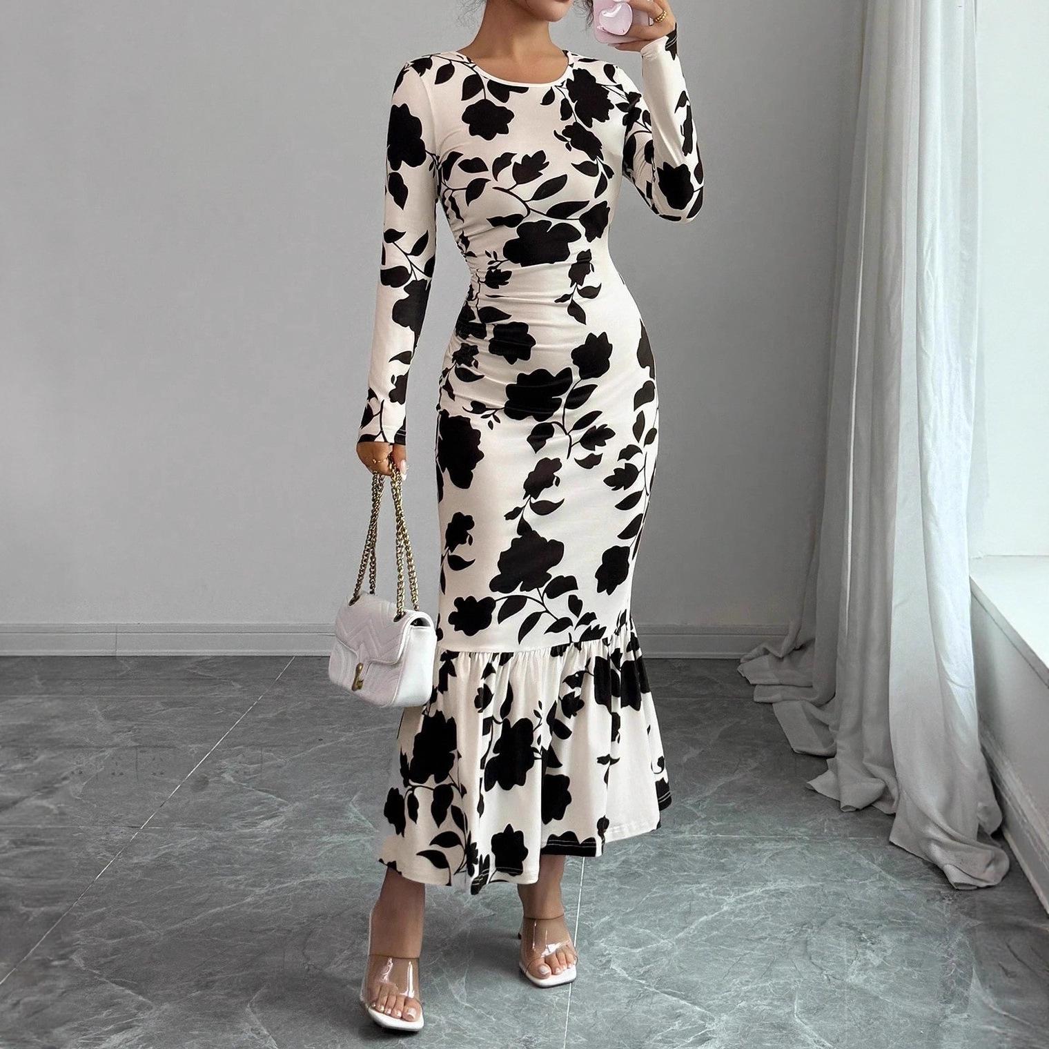 European & American Style Elegant Women s Ruffle Hem Long Sleeve Dress (2025 Collection) M белый