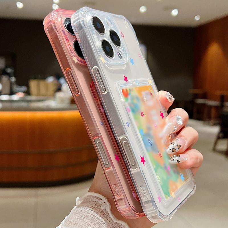 Soft Silicone Clear Card Slot Phone Case for iPhone 16 Pro 15 14 13 Pro Max 12 11 Colorful Stars Pattern Shockproof Lens Protection Solid Color Cover