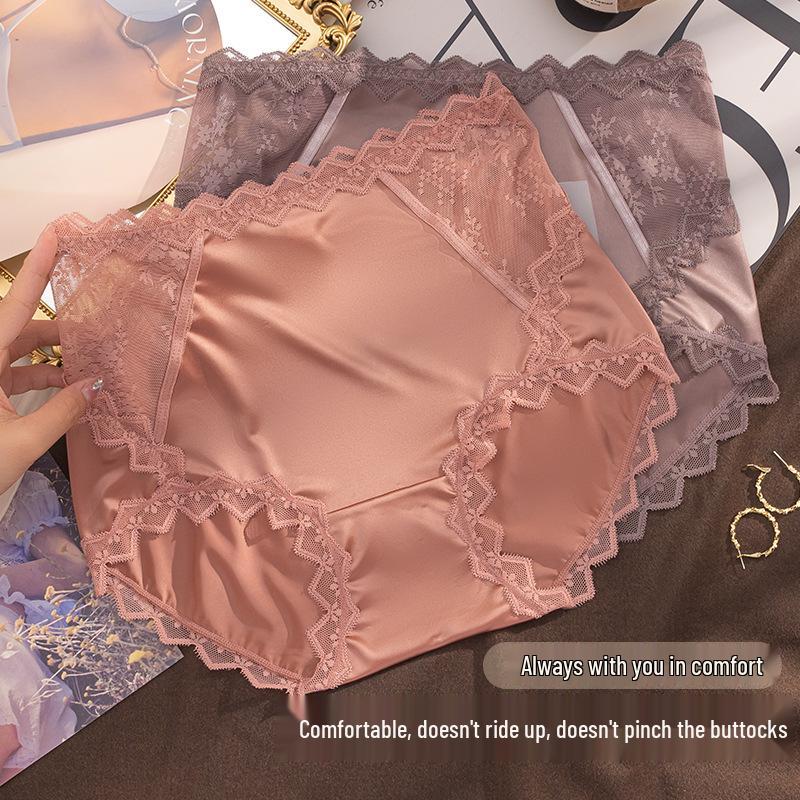 Women's Plus Size High-Waisted Satin Lace Panties - Sexy, Breathable, and Comfortable with Pure Cotton Crotch