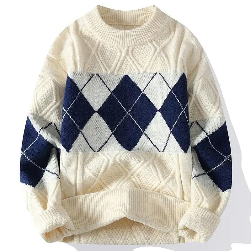 Contrast Color Long-sleeved Sweater Autumn and Winter Loose Bottoming Thickened Round Neck Men's Knitted Sweater Top