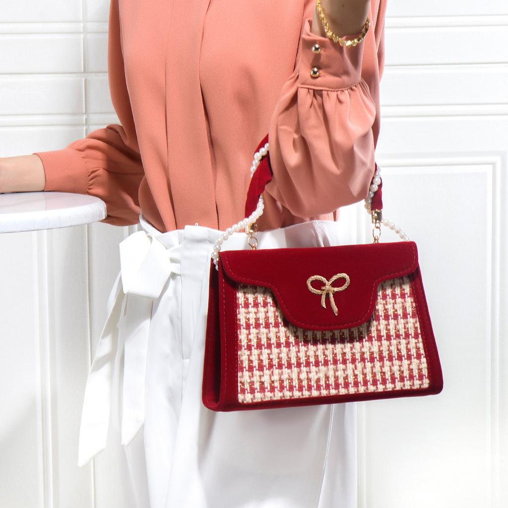 Wedding Bag 2024 New Model Red Bridal Bag Wedding High-End Houndstooth Pattern Single Shoulder Crossbody Handbag for Women