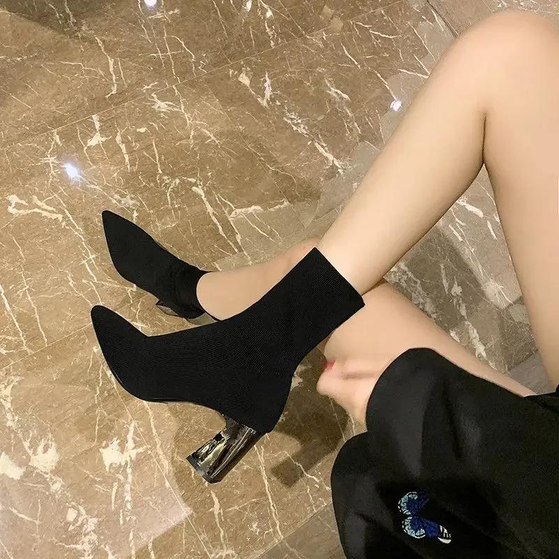 Fashion Booties Sock Black Woman Short Shoes Elastic Ankle Boots for Women Trend 2024 Large Size Warm Chic and Elegant Sale Autumn Pu 39