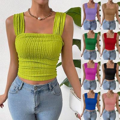 Women's Fashion Solid Color Sleeveless Open Navel Square Neck Shoulder Strap Tank Top