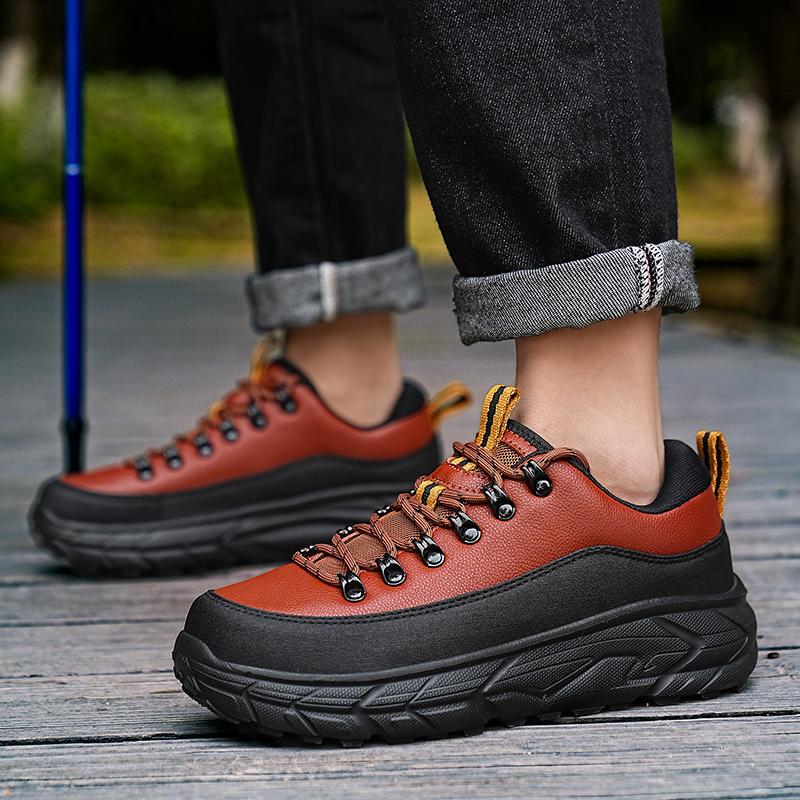 Men's Hiking Shoes PU Leather Casual Sports Shoes Fashion Lace-up Platform Shoes Waterproof Walking Shoes Big Size 39-48