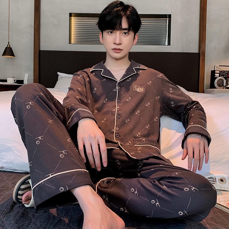 Men Pajama Sets Cotton Pijama Turn-down Collar Sleepwear Long Sleeve Spring Nightwear Male 2 Pieces Set Homewear