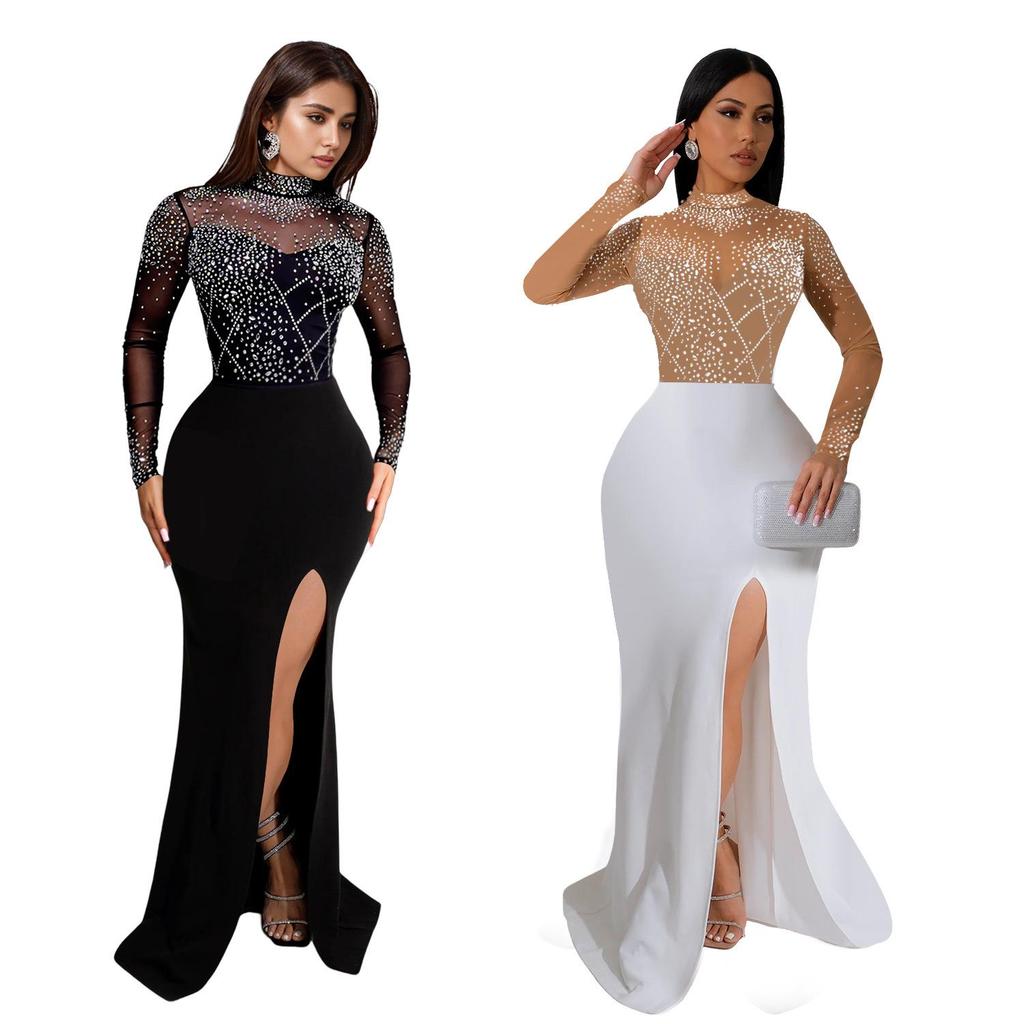 C7045 European & American Fashion Rhinestone Slit Long Dress for Women.