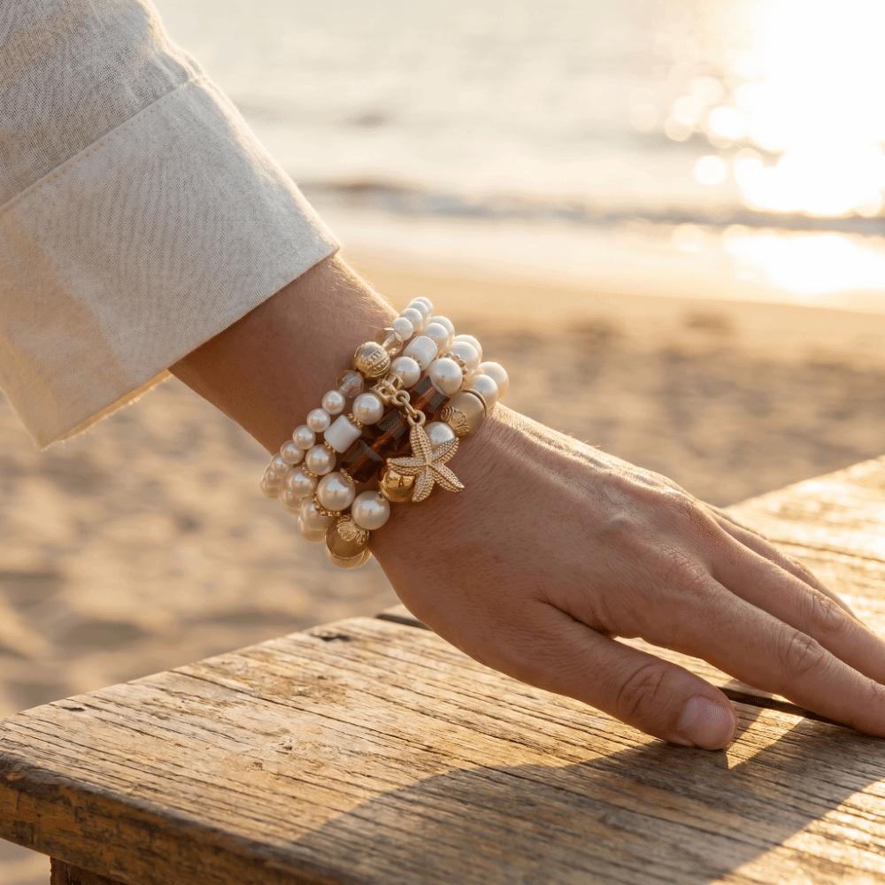 4pcs/set Ethnic Style Simulated Pearl Bracelets Adjustable Multilayer Hand Chain For Women