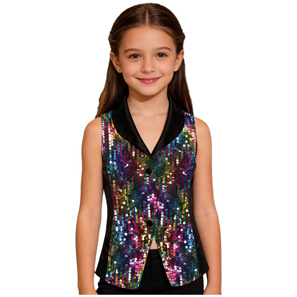 Třpytivá pódiová vesta pro dívky: Saténová vesta s kontrastními barvami, klopovým výstřihem a patentkami, Nezbytnost pro taneční kostým
