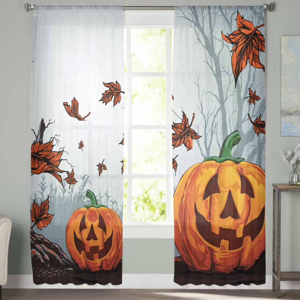 Halloween Pumpkin Leaves Dead Branch Sheer Curtains Home Window Decorations Voile Tulle Curtains For Living Room Bedroom Kitchen
