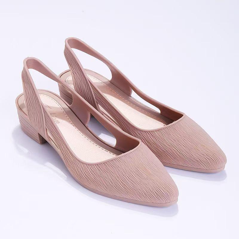 Women's Summer New Low Heel Slip On Sandals Soft sole Non Slip Waterproof Shallow Pointed Toe Match Skirt Sandals Beach Sandals