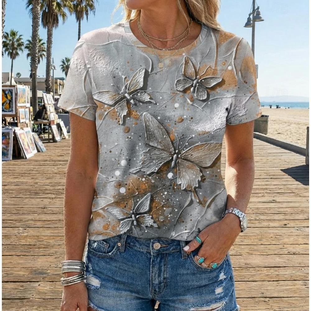 Fashion Women Retro Creative Butterfly Pattern Print T Shirt Funny Casual O-neck Short Sleeves T-shirt Summer Female Tee Shirt