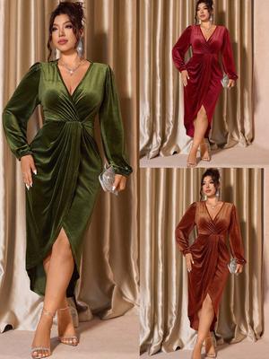 2025 Χειμερινό Βελούδινο Φόρεμα V-Neck Μεγάλο Μέγεθος Slim Fit με Σκίσιμο για Γυναίκες