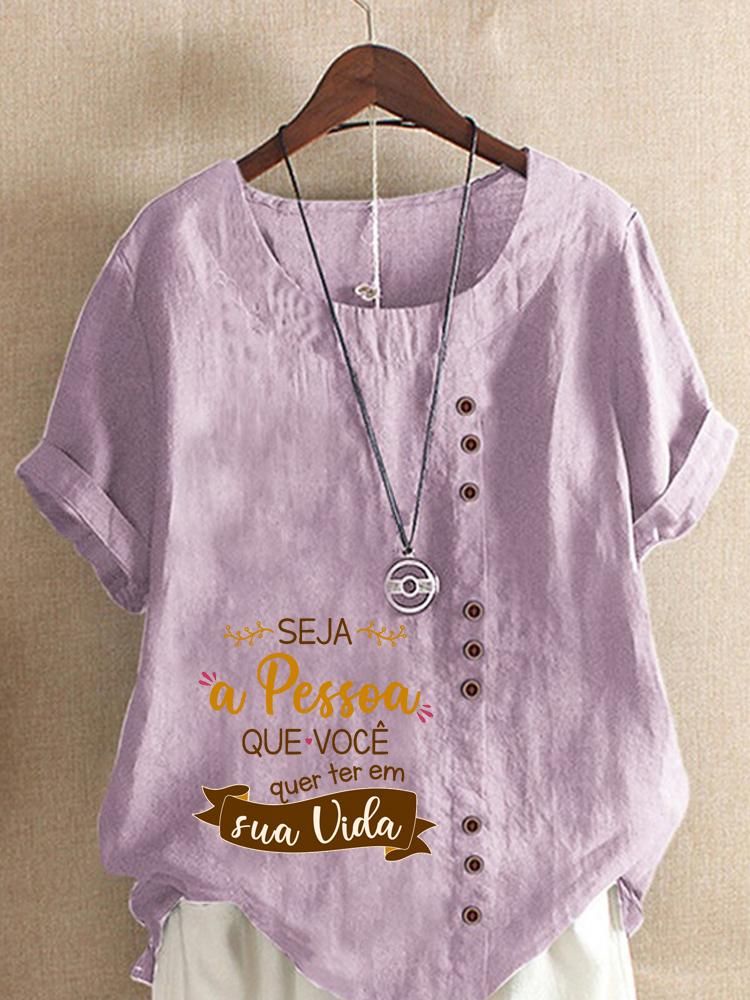 Women's Fashion Letter Print Round Neck Short Sleeve T-shirt Casual Cotton Linen Graphic Shirt Leisure Loose Summer Blouse Tops