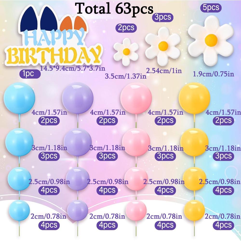 

63pcs Blue Dog Cake Toppers with Balls Cake Picks Daisy Flowers for Birthday Decoration Groovy Pastel Cupcake Inserts Hippie Wedding Party Supplies 63pcs