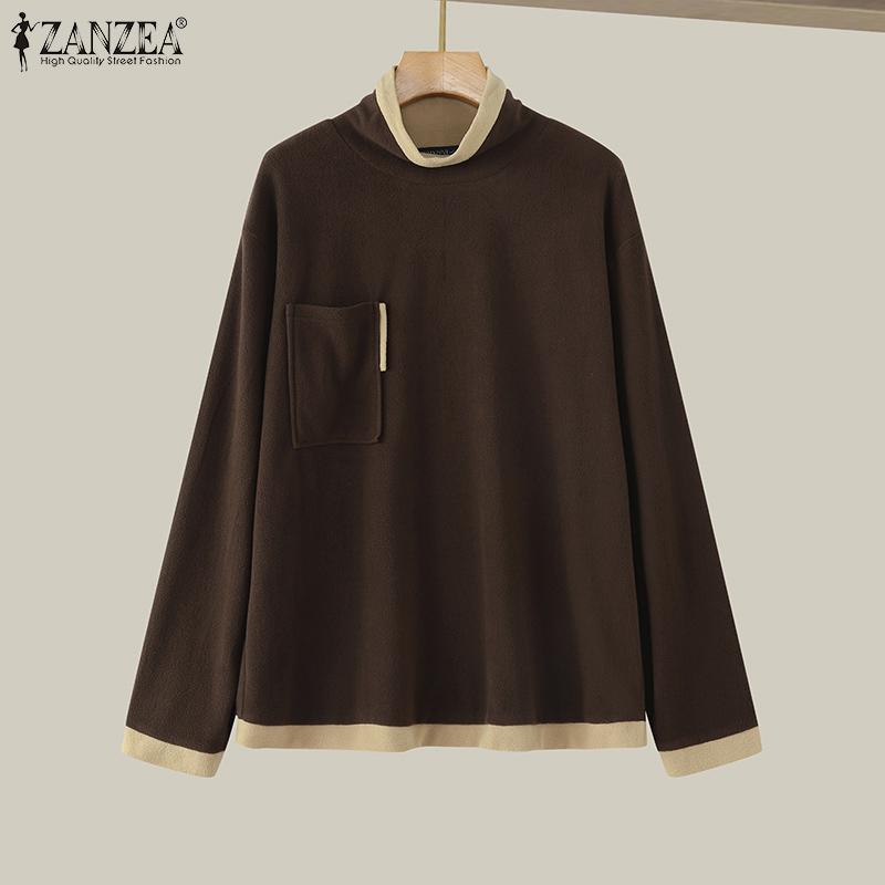 ZANZEA Women Autumn Turtleneck Long Sleeve Pocket Oversized T-Shirts