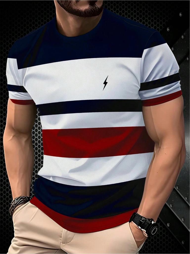Summer New Style Men's T-shirt - Breathable Lightweight Casual Fashionable Stripes Printed Streetwear Men's T-shirt