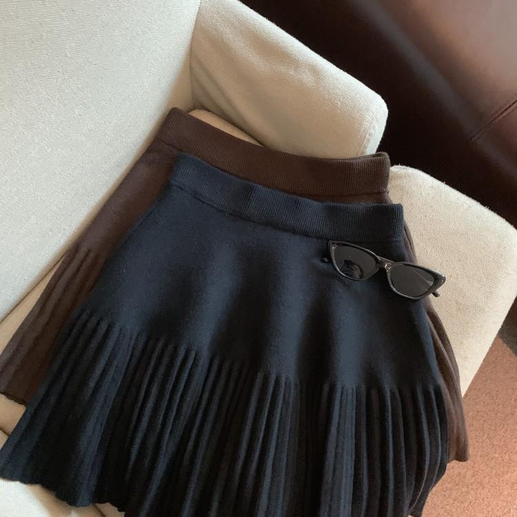 Grey High-Waisted Pleated A-Line Skirt for Women - Autumn White Short Style