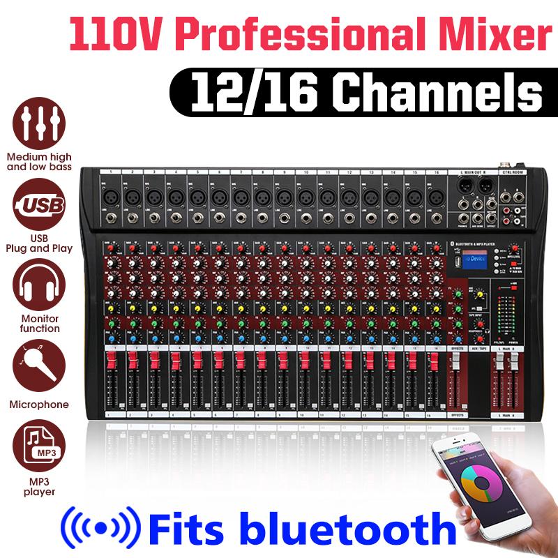 110V 6/8/12/16 Channel Audio Mixer 6 Music Modes USB Bluetooth Mixing Console Amplifier Computer Playback Phantom Power Effect