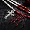 SHIXIN Gothic Red Crystal Tassel Jesus Cross Pendant Necklace for Women Retro Red Imitation Pearl Choker Halloween Jewelry Gifts