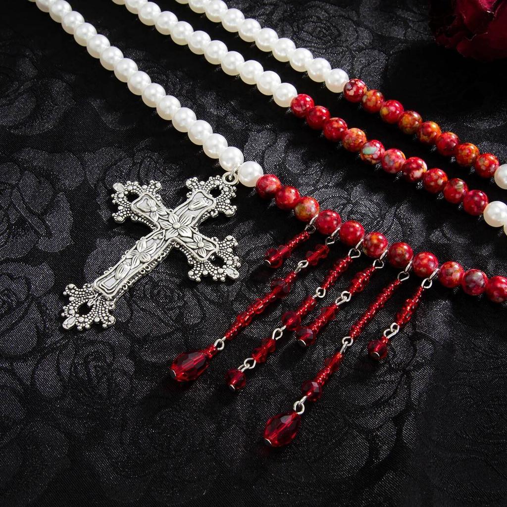 SHIXIN Gothic Red Crystal Tassel Jesus Cross Pendant Necklace for Women Retro Red Imitation Pearl Choker Halloween Jewelry Gifts