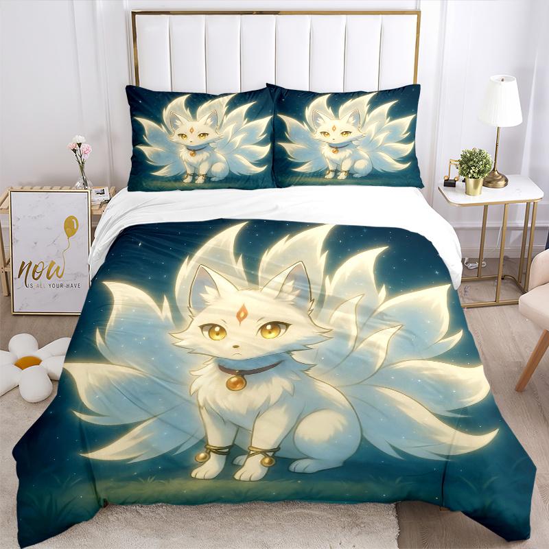 3pcs Enchanted Fox Spirit Printed Bedding Set, Soft and Comfortable Quilt Cover for Bedroom, Guest Room (1 Duvet Cover + 2 Pillowcases, Pillow Co