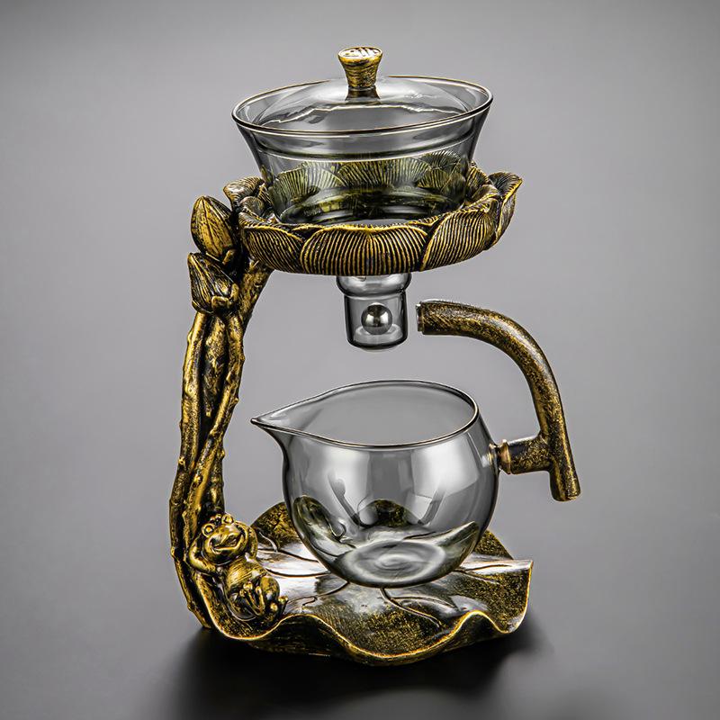 New Chinese Style Glass Lotus Autumn Light Lazy Automatic Teaware Set Business Gift High Borosilicate Glass Tea Maker