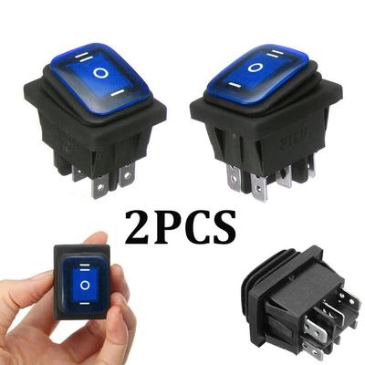 2 ks 6pinový 3polohový kolébkový spínač pro auto/loď On-Off-On DPDT 16A 250V AC modrá LED