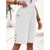 women's Elastic High Waist Button Detail Linen Blend Knee Length Shorts Casual Straight Leg Bermuda Pants