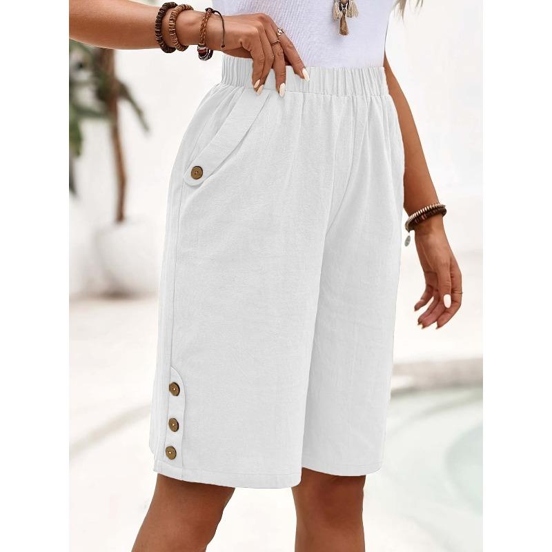 women's Elastic High Waist Button Detail Linen Blend Knee Length Shorts Casual Straight Leg Bermuda Pants