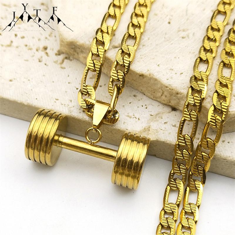 Gym Dumbbell Pendant Necklace for Women Men Stainless Steel Gold Silver Color Muscular Men Fitness Leisure Sports Chain Jewelry