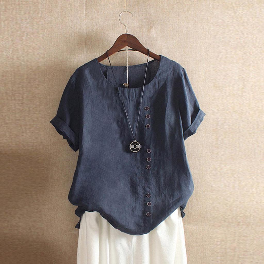 2024 Women's European & American Fashion Short Sleeve Casual Cotton Linen Top with Button Detail