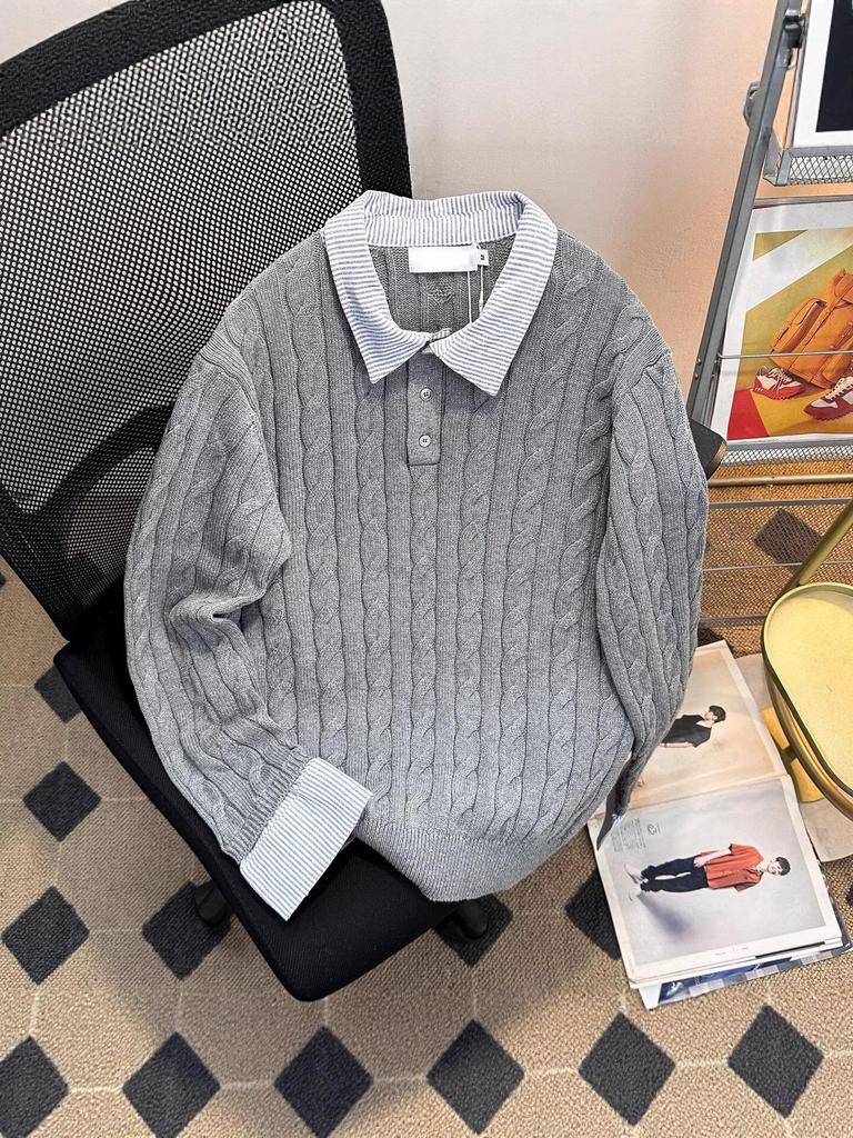 American Style Striped Cable Knit Polo Sweater - Men's Trendy Two-Piece Patchwork with Cleanfit Design