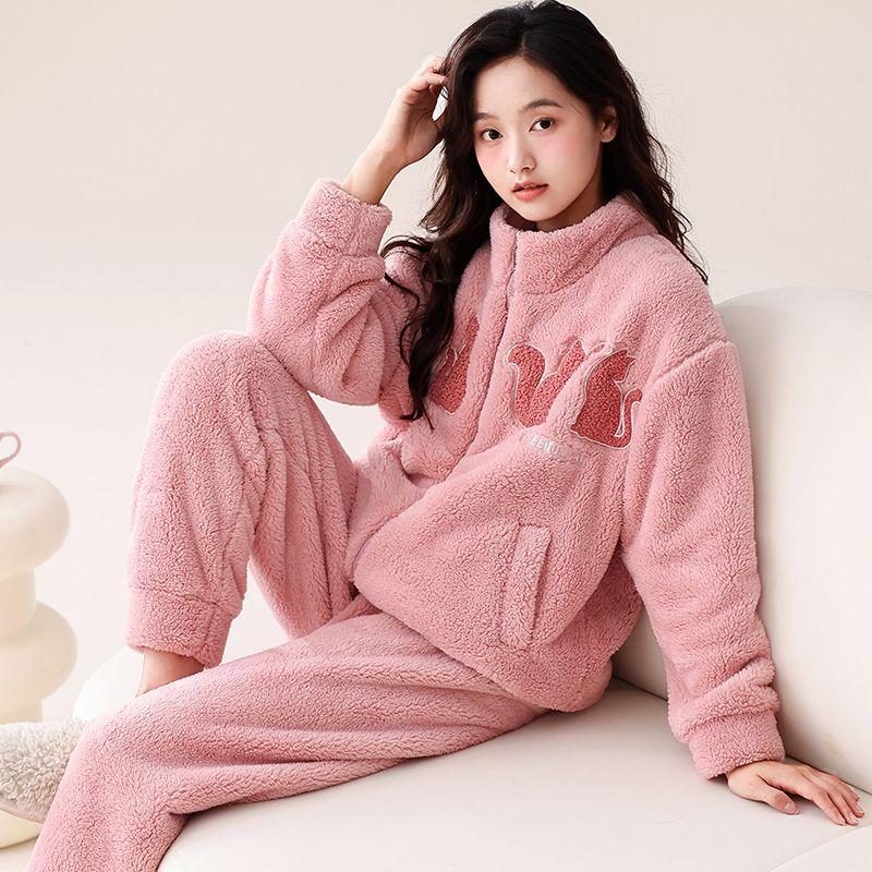 

Женская пижама из кораллового флиса, зимний флисовый комплект с утолщенным воротником-стойкой, женский фланелевый теплый комплект домашней одежды 2XL