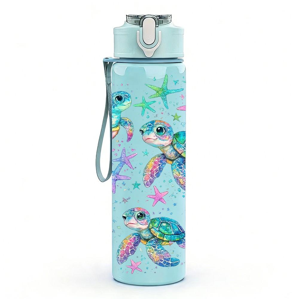 1PC Ocean Sea Turtle Starfish Print 750ml Color Plastic Sports Water Bottle Leakproof Flip Straw Lid Suitable for Sports Office Home Use