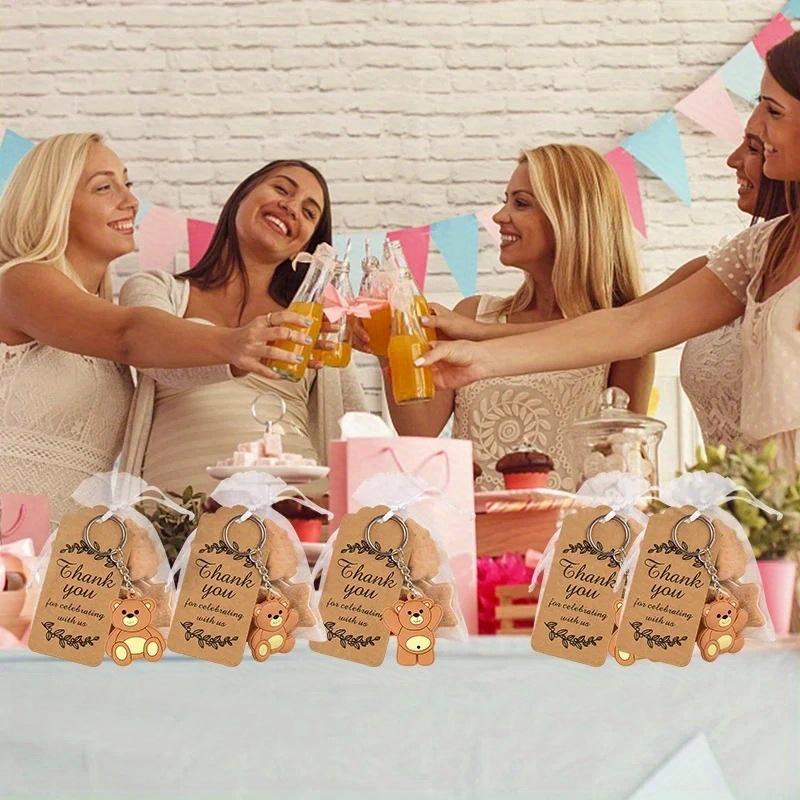 12pcs Baby Shower Souvenirs Gift Bear Keychain with Organza Bag Thank You Kraft Tag for Guests Girl Boy Birthday Party Supply