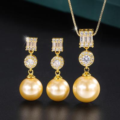 Jewelry Copper Bottom Gold-Plated Inlaid Light Yellow Fritillary Pearl Diamond Pendant 14Mm Stud Earrings 12Mm Set