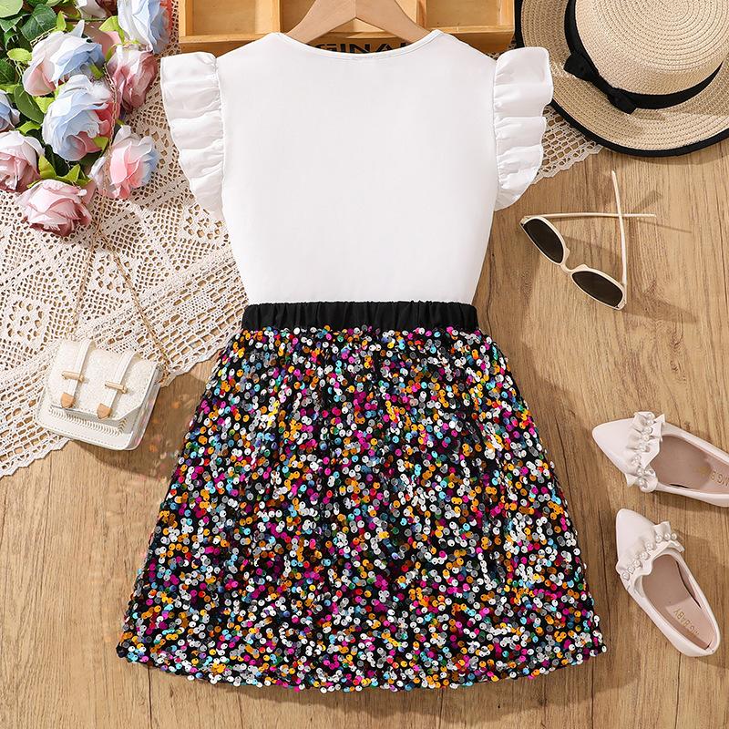 Girls' Leisure Suit 2025 Spring/Summer Children's Sequin Short Skirt Love Short Sleeve Top Two-piece Set