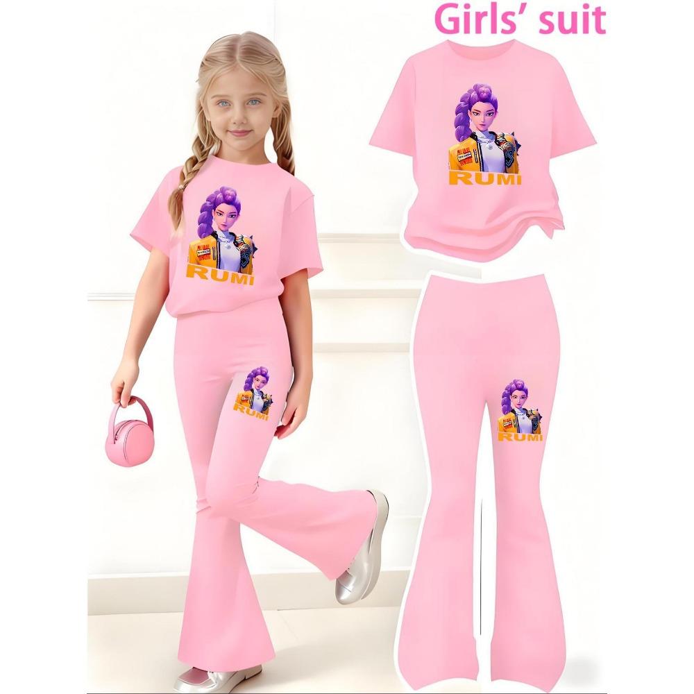 Детская одежда, Женская охотничья одежда, Комплект из 2 предметов с принтом для девочек, Повседневный спортивный комплект для девочек с короткой футболкой и расклешенными брюками 120