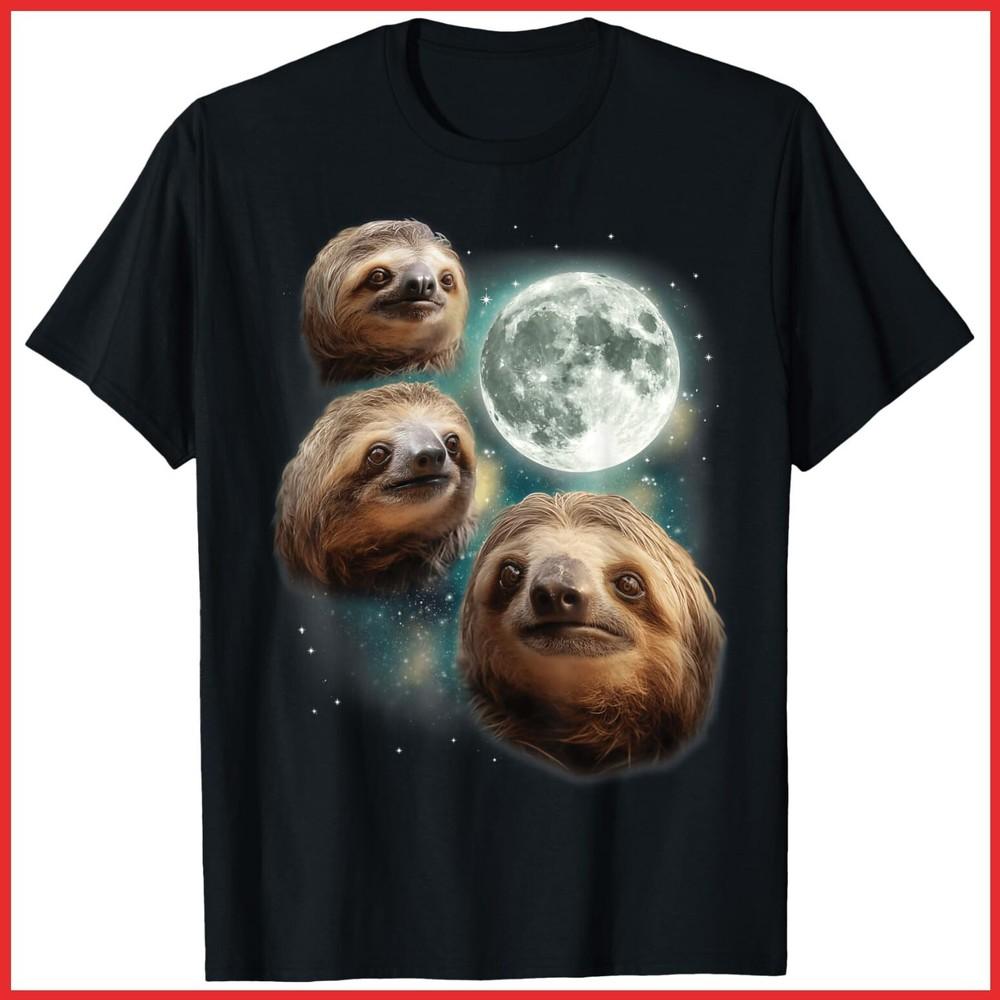 Three Sloth Moon Funny 3 Lazy Animals Howling Parody Black Cotton T-Shirt Unisex T-Shirt L