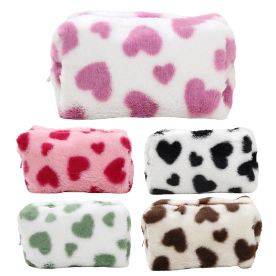 Fuzzy Makeup Bag Fluffy Plush Zipper Cosmetic Pouch with Heart Pattern Cute Pencil Case Travel Toiletry