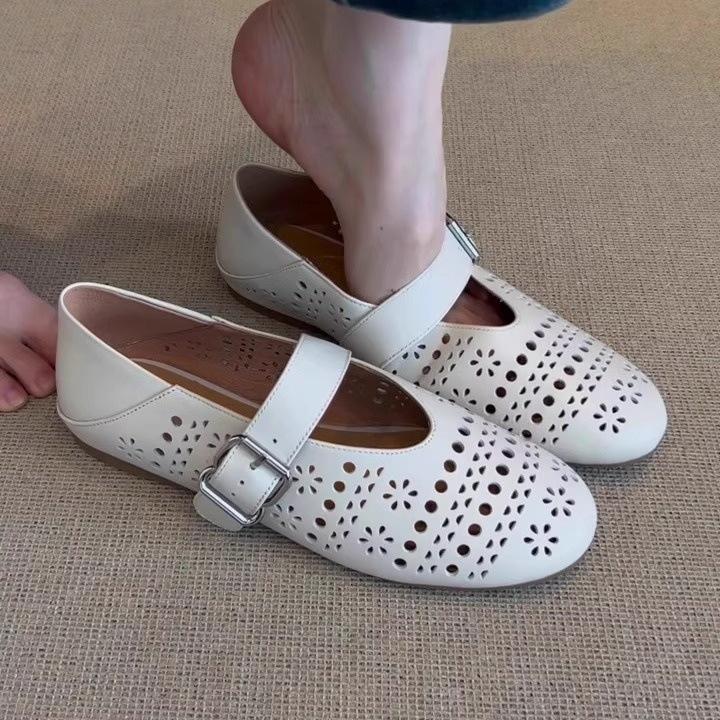 Bohemian Hollow Single Shoes Women's Gentle Hole Shoes Late Evening Breeze Grandma Shoes Leather Flat-soled French Mary Jane Shoes