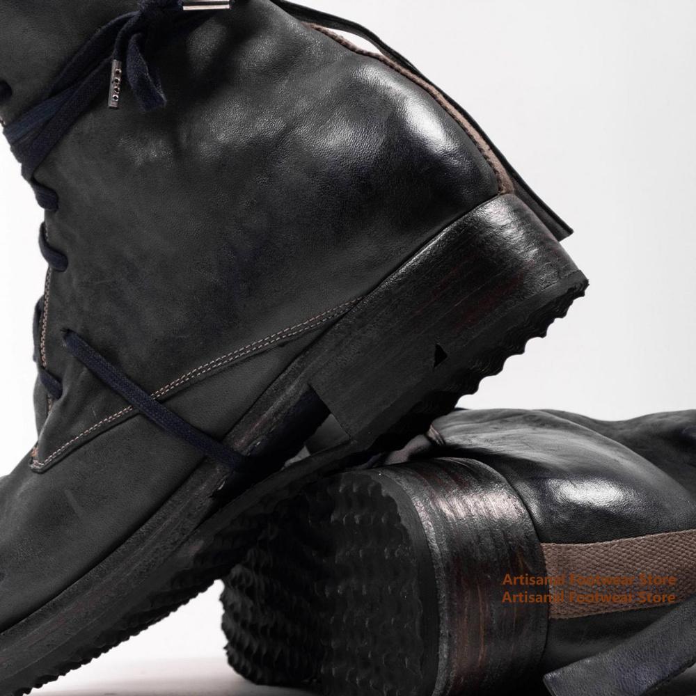 Μποτάκια Ανδρικά Ψηλά με Λουράκια Μαύρο Δέρμα Δέσιμο με Κορδόνια Μποτάκια Μοτοσικλέτας Χοντρά Τακούνια Αυξητικού Ύψους Ανδρικά Παπούτσια Μοντέρνα Μποτάκια