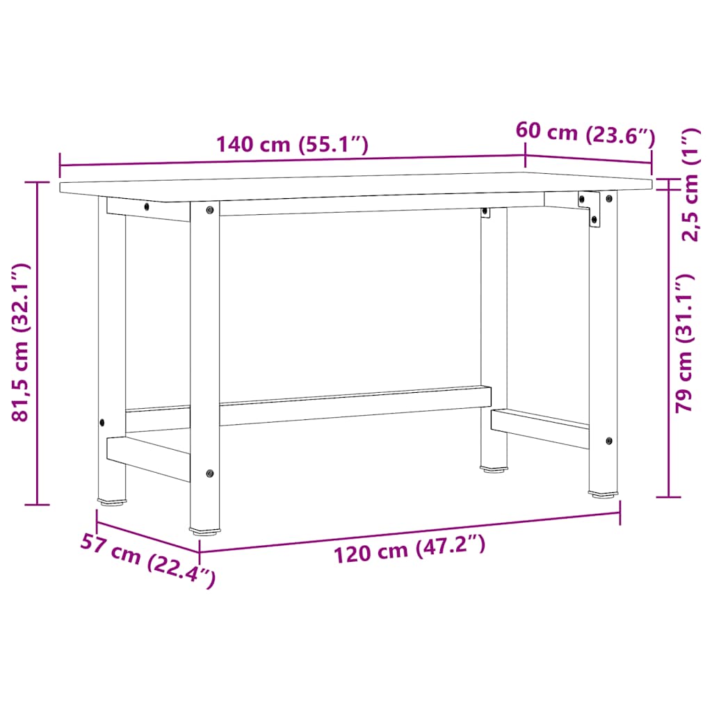 Workbench 140x60x81.5 cm Solid Oak