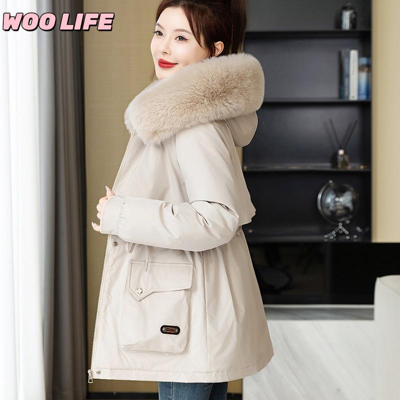 Parker Clothing Women's New Winter All-match Cotton Clothing Plus Velvet Hooded Jacket, Big Fur Collar, Warm Cotton Clothing, Women's Cold Protection
